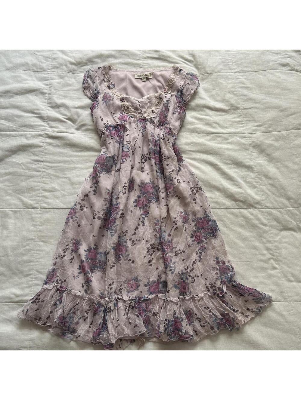 Lavender Pink Floral Midi Dress Rose Print Lace Ruffle Fairycore Coquette